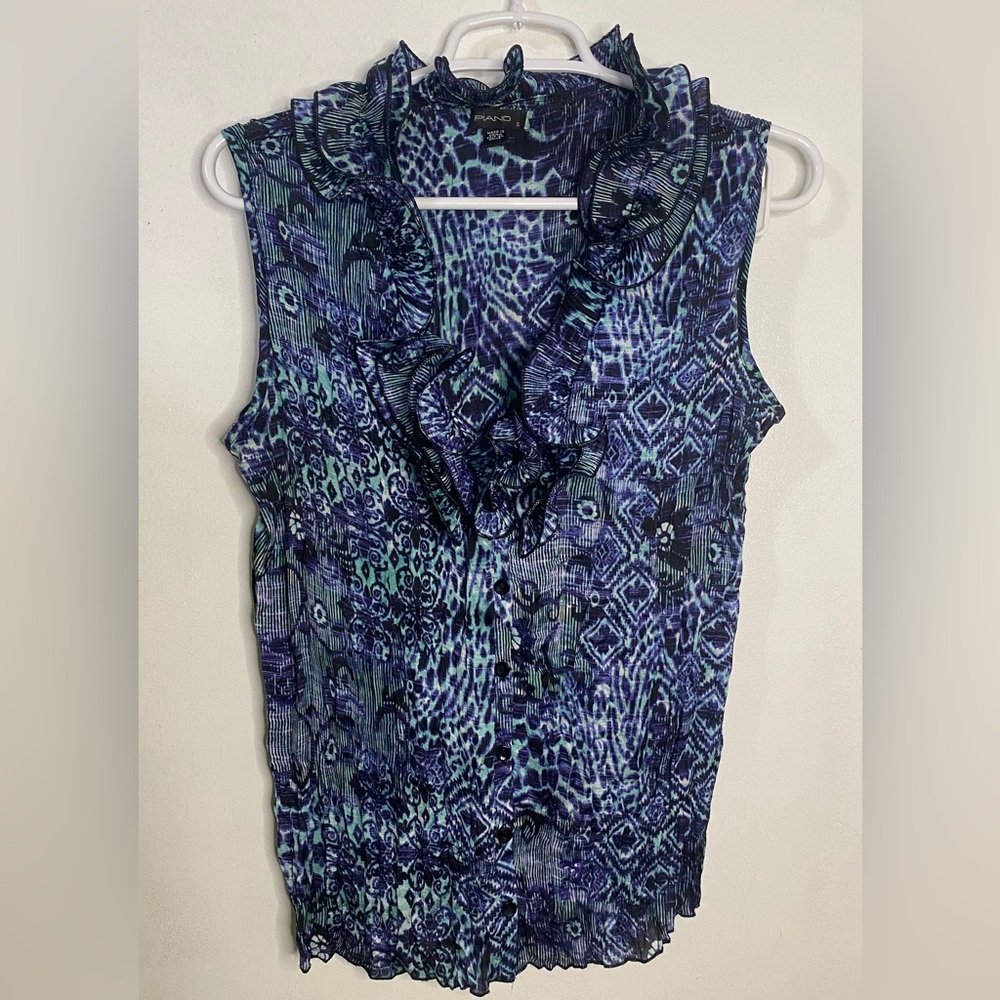 Piano Ruffle Neckline Sleeveless Blouse